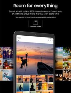 Samsung Galaxy Tab A 8.4" 32GB Mocha tablet in mocha color, shown with a clear display and sleek design