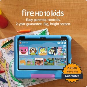 Amazon Fire 10 HD Kids Tablet with 10.1" HD screen, durable case, and robust parental controls for children ages 3-7.