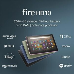 Amazon Fire HD 10 tablet in black, showcasing the 10.1" Full HD display