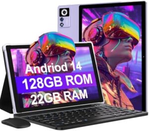 2025 Android 14 Tablet with 22GB RAM, 128GB ROM, 1TB Expandable Storage, Octa-Core Processor, and Keyboard & Mouse in Metal Purple