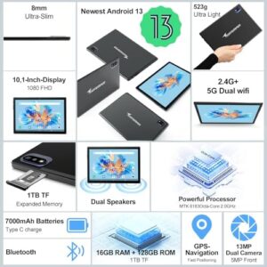 2025 Latest Android 13 Tablet 10.1 Inch with Keyboard, Mouse, and Pen – Black