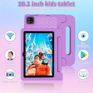 10.1-inch IPS HD touchscreen kids tablet with purple design, featuring Android 14, 64GB storage, 8GB RAM, and parental controls 