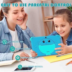 YINOCHE Kids Tablet 10 inch with blue case, featuring dual cameras, educational apps, and 5G WiFi connectivity for kids.