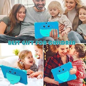 YINOCHE Kids Tablet 10 inch with blue case, featuring dual cameras, educational apps, and 5G WiFi connectivity for kids.