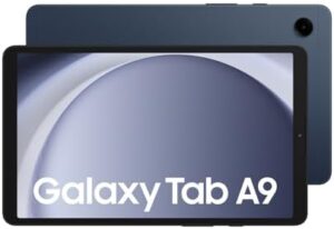 Samsung Galaxy Tab A9 with 64GB storage, 4GB RAM, and 15W wall charger bundle in navy blue