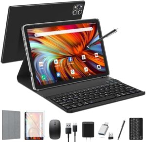 Android Tablet 2025 with 10-inch screen, Octa-Core processor, 5G WiFi, and included accessories like keyboard and case