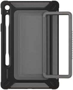 Galaxy Tab S9 FE Outdoor Cover in black, offering military-grade protection and built-in kickstand