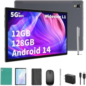 Android Tablet with Keyboard, 10-inch screen, 12GB RAM, and 128GB ROM with stylus, case, and mouse