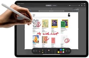 iPad Pro 12.9in (4th Gen.) - 128GB - WiFi - Space Gray (Renewed Premium) tablet displayed on a desk with a vibrant screen