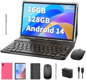 Android 14 Tablet, 10 inch Tablet with Keyboard, 16GB+128GB, 1TB Expand, Octa-Core, 2.4G/5G WiFi, 8000mAh, BT V5.0, GMS Certified, IPS Touch Screen, GPS, 2 in 1 Tablet with Case, Mouse, Stylus(Pink)