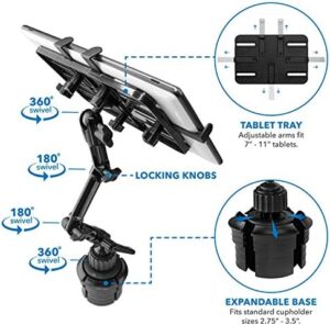 Premium Cup Holder Tablet Mount for Cars - Heavy Duty Aluminum Tablet Mount for iPad, Galaxy, & Fire Tablets in a car cup holder