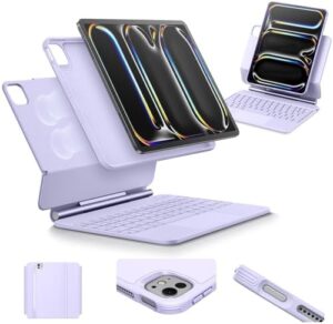 iPad Pro 11 Inch Case with Keyboard (M4, 2024) featuring a magnetic stand and removable protective case in purple.