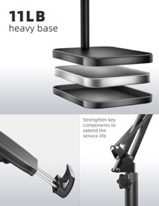 Tablet Floor Stand with adjustable height, stable base, and 360° swivel arm compatible with iPads, Kindles, and Galaxy Tabs