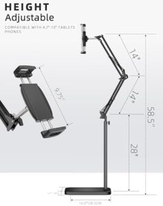 Tablet Floor Stand with adjustable height, stable base, and 360° swivel arm compatible with iPads, Kindles, and Galaxy Tabs
