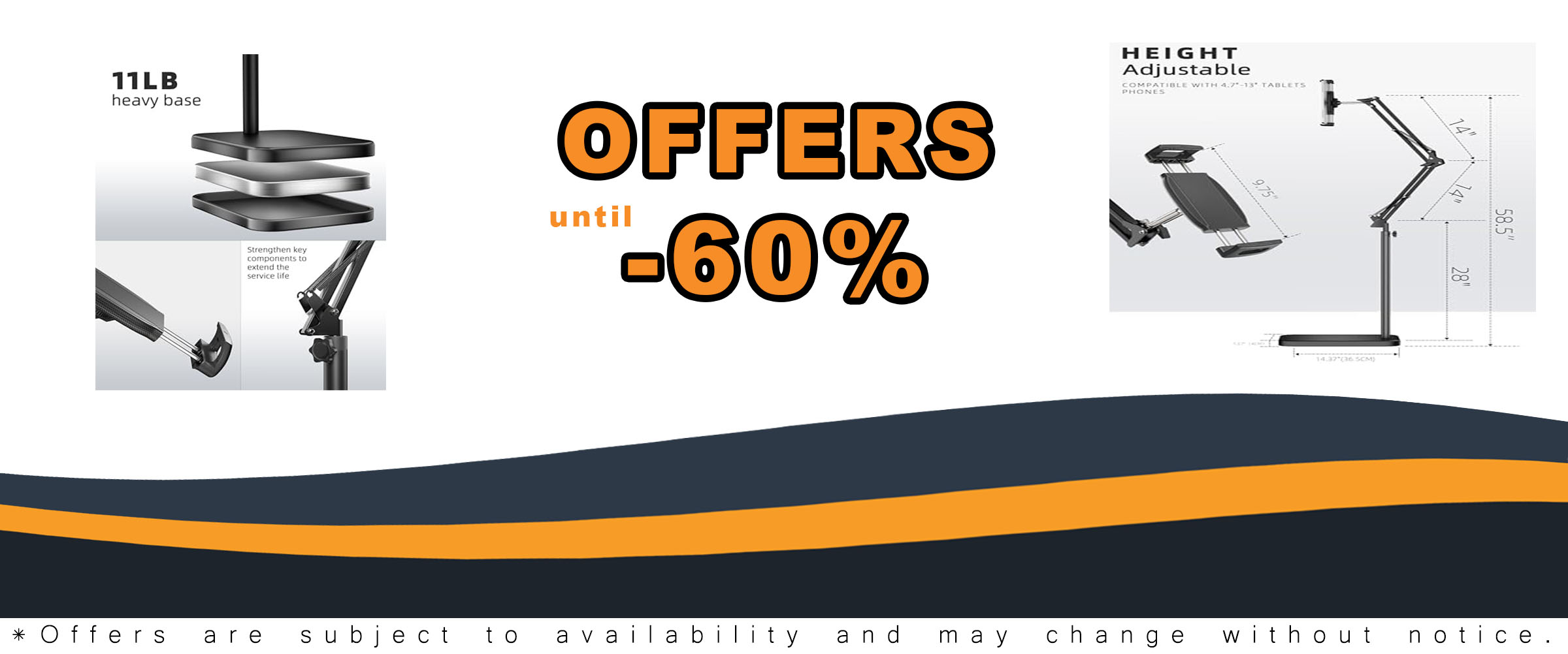 Tablet Floor Stand with adjustable height, stable base, and 360° swivel arm compatible with iPads, Kindles, and Galaxy Tabs