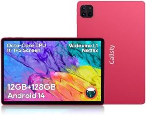 11 inch Android tablet with Octa-Core processor, 128GB storage, 12GB RAM, 8000mAh battery, pink design, and quad-speakers