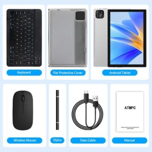 Android 14 Tablet 10 Inch with Keyboard, Mouse, Stylus, and Expandable Storage