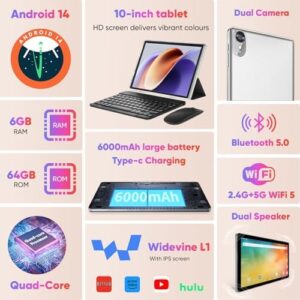 10-inch Android 14 Tablet with keyboard, case, mouse, and stylus, featuring a 1280x800 IPS touch screen