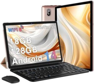 2025 Tablet Android 14 with keyboard and large screen in gold, showcasing its advanced features like WiFi 6 and 6000mAh battery.