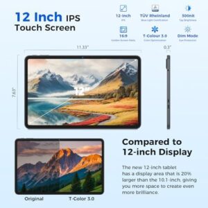 12 Inch Android 14 Tablet with Keyboard, 24GB RAM, 256GB Storage, 2K Display, and 16MP Dual Camera