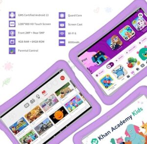Kids Tablet 10 Inch with Android 13, HD display, and shockproof case for safe and fun learning  