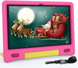 Tablet for Kids 10.1 inch Android 14 with a 1280x800 HD Screen, protective case, and lanyard, perfect for children aged 3-12