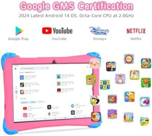 Android 14 Kids Tablet for children with 10.1-inch display, dual cameras, and parental control features