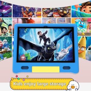 Kids Tablet 10 inch, Blue, featuring Android 13, educational apps, and parental controls