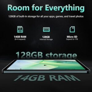 Android 14 Tablet 10 Inch with keyboard and case kit in gray, showcasing its large screen and sleek design