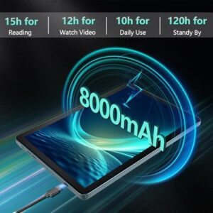 Android 14 Tablet 10 Inch with keyboard and case kit in gray, showcasing its large screen and sleek design