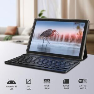 Android 15 Tablet 10-inch with Keyboard, Wi-Fi 6, Dual Camera, and 18GB RAM