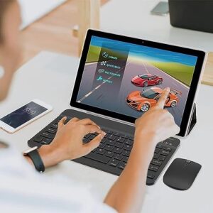 10-inch Android tablet with keyboard case, mouse, and stylus on a desk.