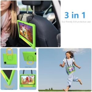 Tablet for Kids 10.1 inch Android 14 with green case and lanyard, 1280 * 800 HD screen