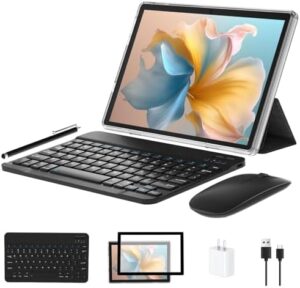 10 inch Android 13 Tablet with keyboard, case, mouse, and stylus on a white background
