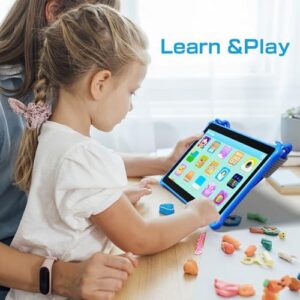 PRITOM 10 inch Kids Tablet Android 13, designed for kids with a 64GB storage, quad-core processor, and HD IPS display