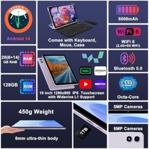 2025 Android 14 Tablet featuring 20GB RAM, 128GB ROM, 1TB Expandable Storage, and a 10-Inch HD Display in Purple