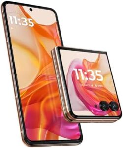 Motorola razr+ 2024 foldable smartphone in Peach Fuzz color with 50MP camera