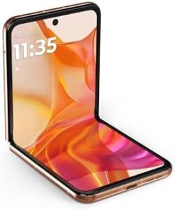 Motorola razr+ 2024 foldable smartphone in Peach Fuzz color with 50MP camera