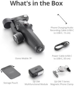 DJI Osmo Mobile 7P Gimbal Stabilizer for iPhone and Android, showcasing 3-axis stabilization, extension rod, and tripod  