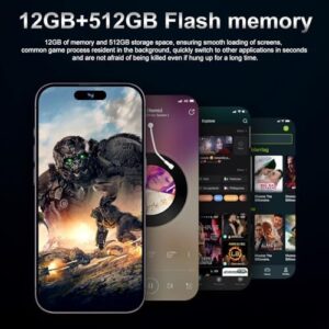 15 ProMAX 12+512GB Unlocked Cell Phone, featuring a 6.85" HD screen, 7000mAh battery, 5G connectivity, and Face ID security.