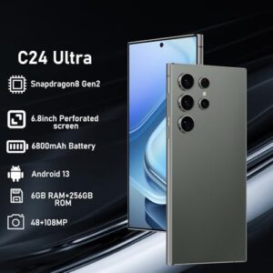 C24 Ultra 5G Unlocked Cell Phone in Green, showcasing its 6.8-inch HD screen, dual-camera setup, and built-in pen feature
