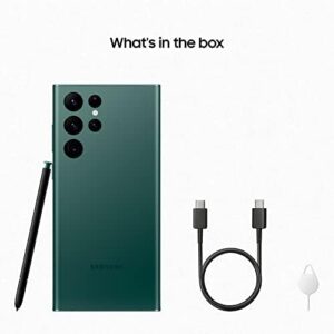Samsung Galaxy S22 Ultra 5G, featuring 512GB storage, 8K camera, S Pen, and 45W super-fast charging, shown in green.