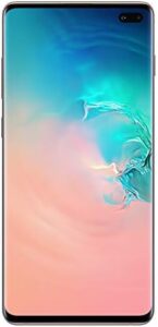 Samsung Galaxy S10+ Factory Unlocked Android Cell Phone, Ceramic White, showcasing 512GB of storage, fingerprint ID, and facial recognition.