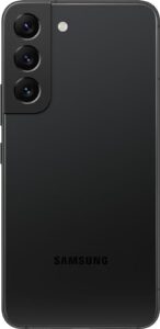 Samsung Galaxy S22 Plus 5G in Phantom Black, front view, showcasing the screen and camera setup