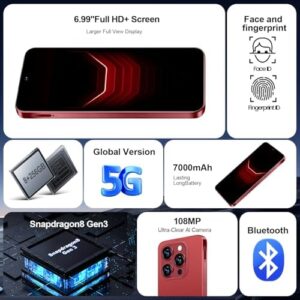 I16 PROMAX 5G Cell Phone - Wine Red with 6.99" Display, 68MP+108MP Camera