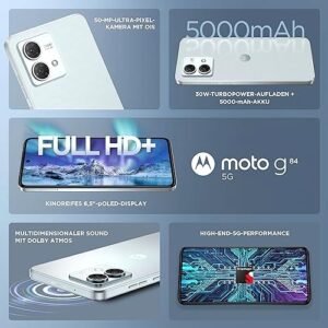 Motorola Moto G84 5G Smartphone in Marshmallow Blue, featuring a sleek design, large screen, and dual camera setup