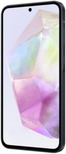 Samsung Galaxy A35 5G smartphone with 120Hz AMOLED display, 50MP triple camera, and 256GB SD card in Awesome Navy color.
