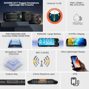 DOOGEE S41T Rugged Unlocked Smartphone with Android 14, 6300mAh Battery, IP68 Waterproof, and 13MP Camera