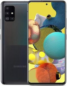 Samsung Galaxy A51 5G black smartphone with a sleek design and vibrant display