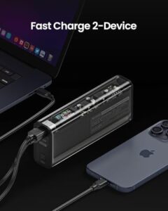 SHARGEEK 140 Power Bank with transparent design and screen display, charging a MacBook and iPhone